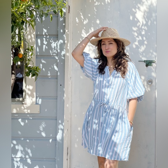 Old Navy Blue & White Striped Waist-Defined Puff Sleeve Mini Dress (Size M) - Picture 2 of 5